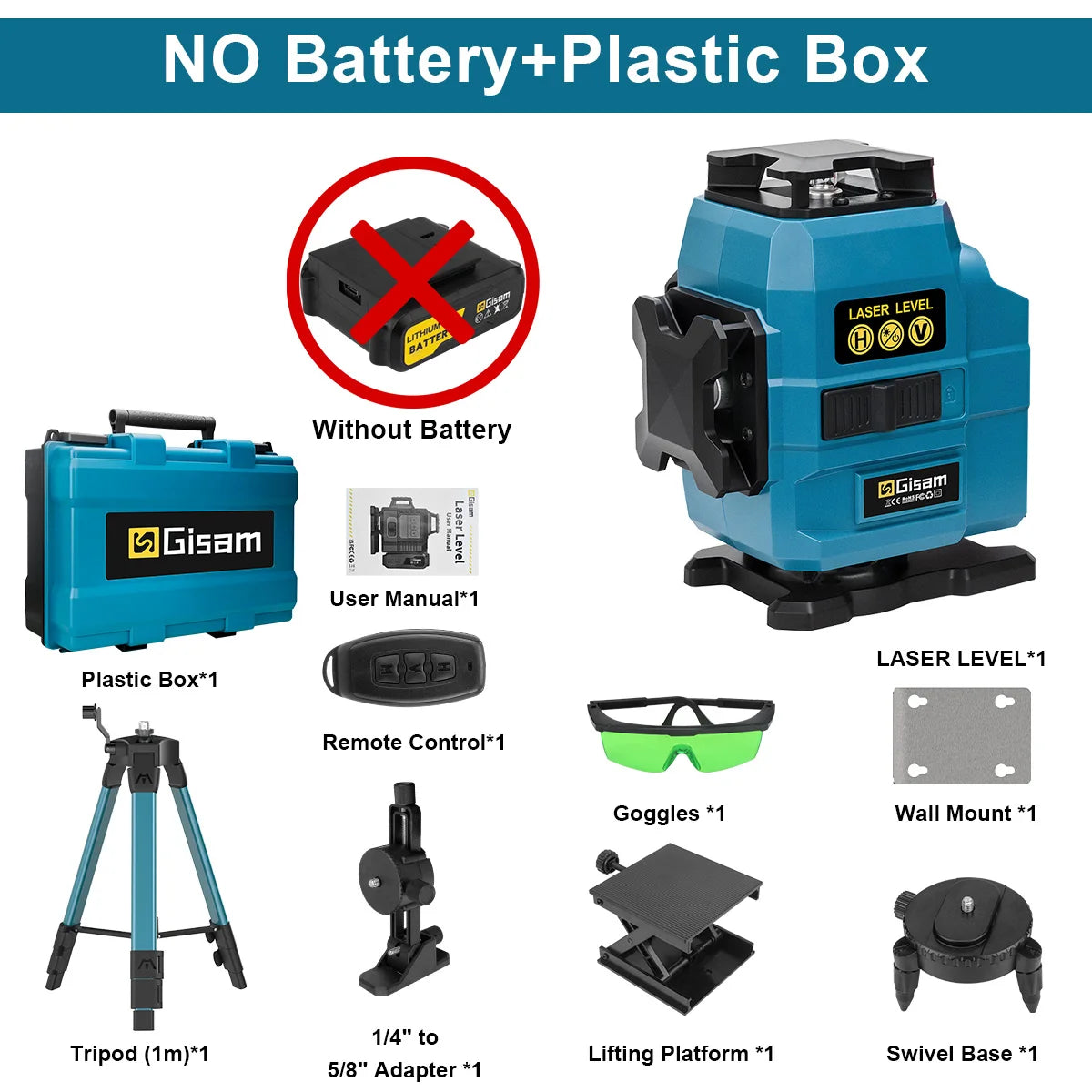 Gisam 16 Lines 4D Laser Level 360 Vertical & Horizontal Lasers Professional Super Power Green Beam For Makita 18V Battery Pins