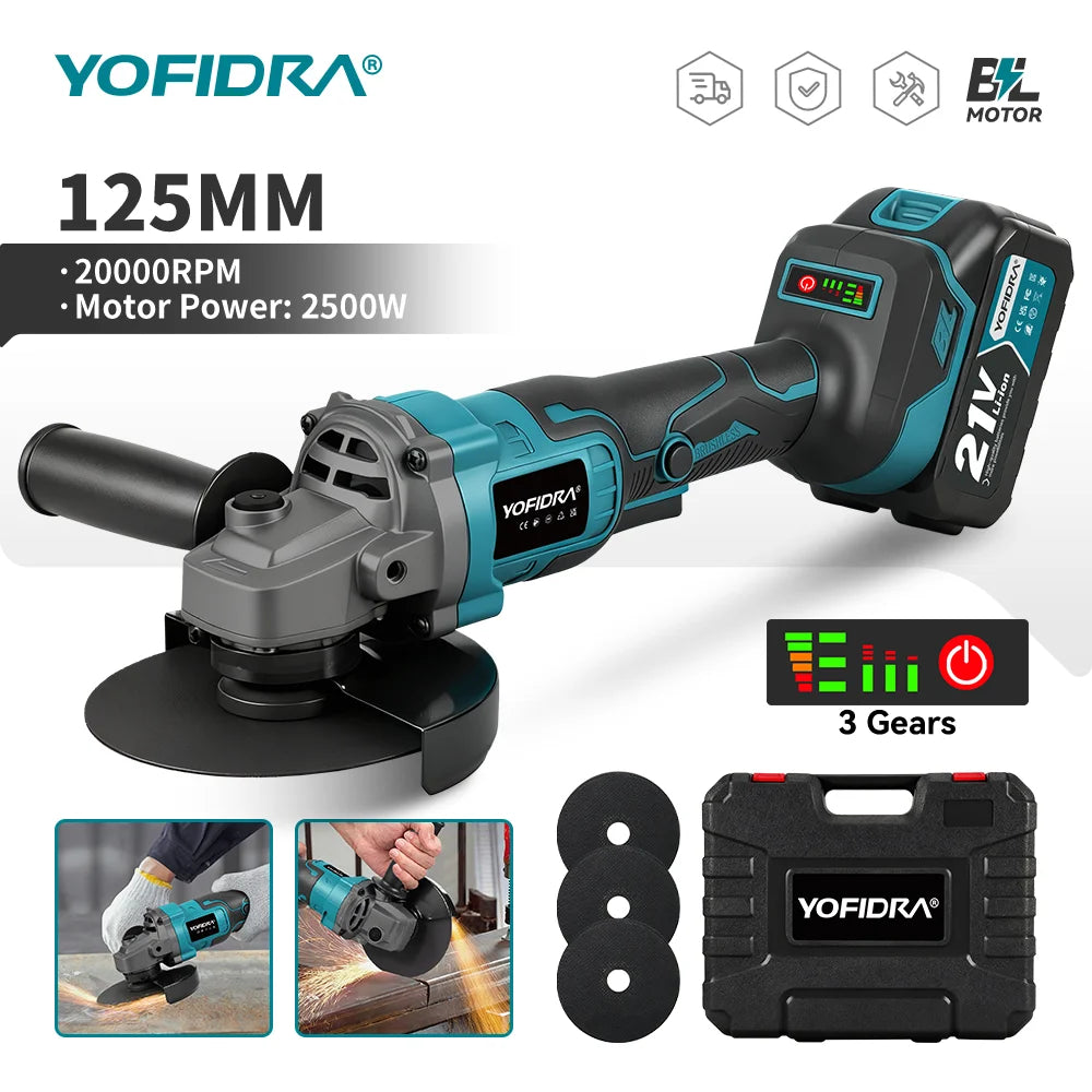 YOFIDRA 125mm Borstelloze Haakse Slijper 3 Versnellingen Draadloze Slijpmachine Snijgereedschap Houtbewerking Elektrisch Gereedschap Voor Makita Batterij Pin