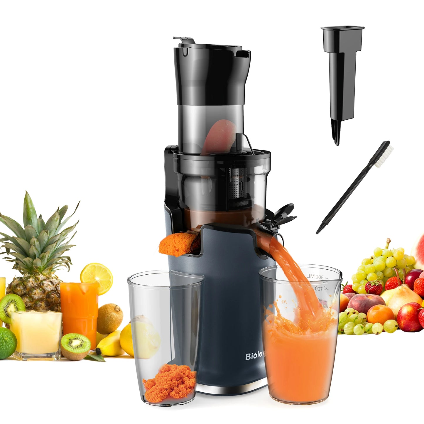 BioloMix 200W Cold Press Juicer Slow Masticating Extractor 78mm Wide Feed Chute Whole Fruit And Vegetable Juicer