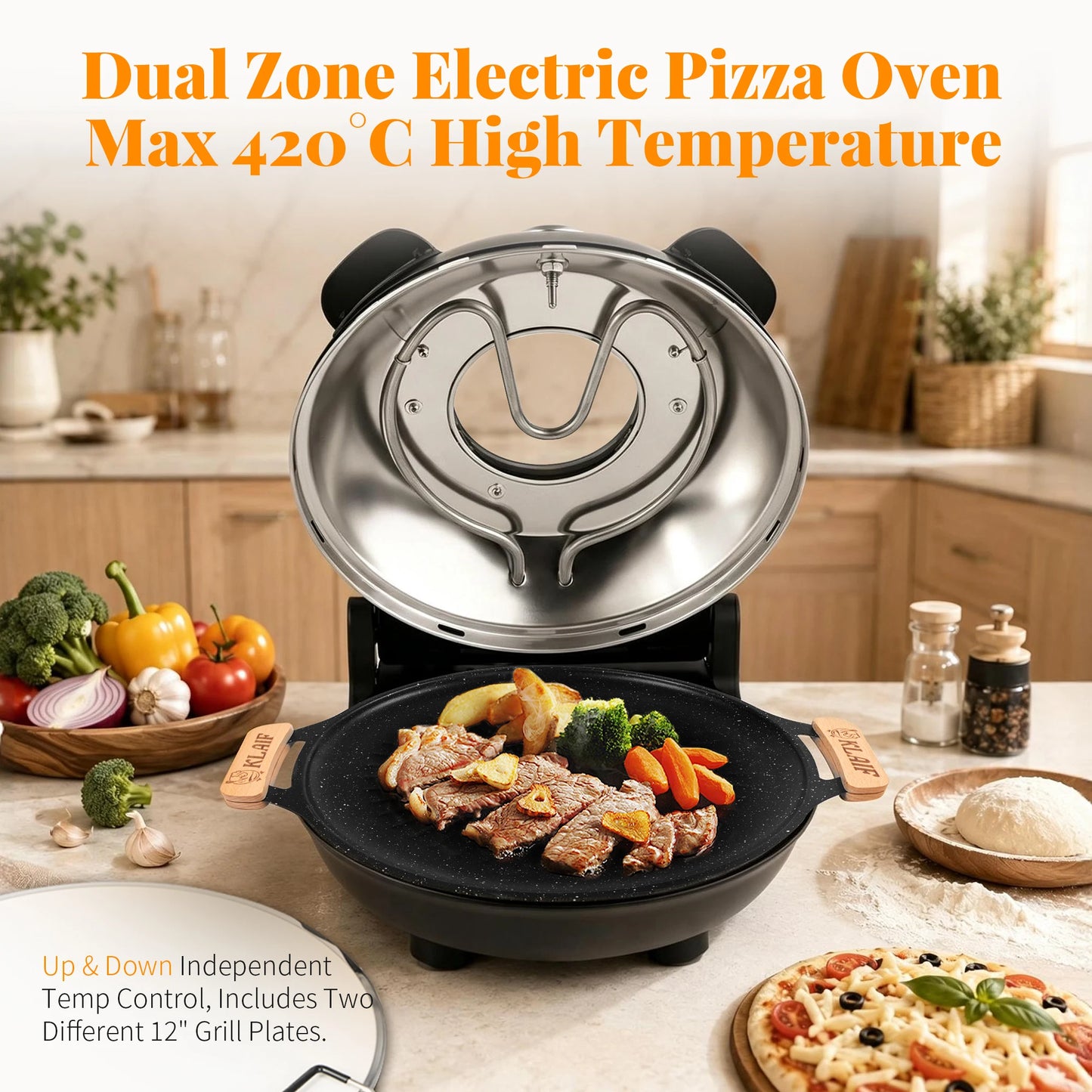 Dual Temp Control Pizza Oven with 420℃ Max Temp, 12" Pizza Stone & Mineral Stone Plate, Household Machine for Pizza and Steak