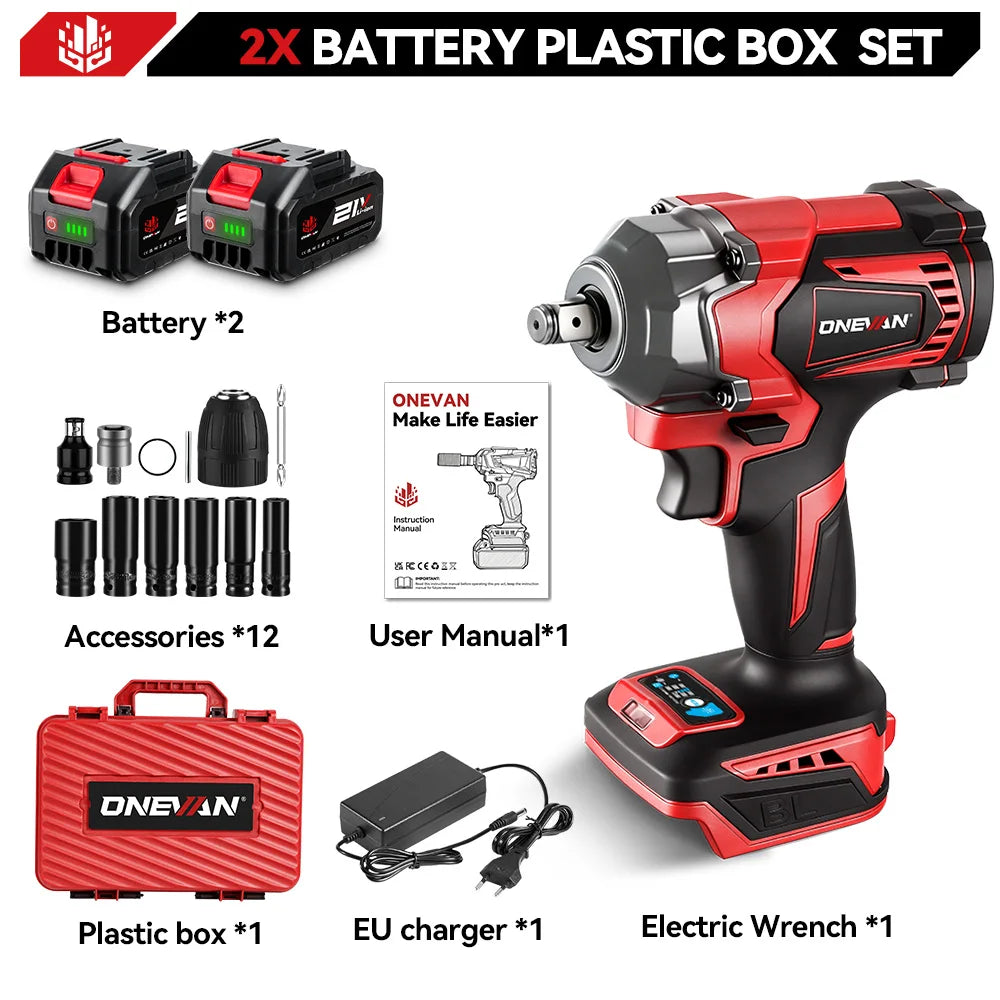 ONEVAN Clé à chocs électrique sans balais 1200 N.m, couple de 1/2 pouce, tournevis sans fil, outil électrique pour batterie Makita 18 V