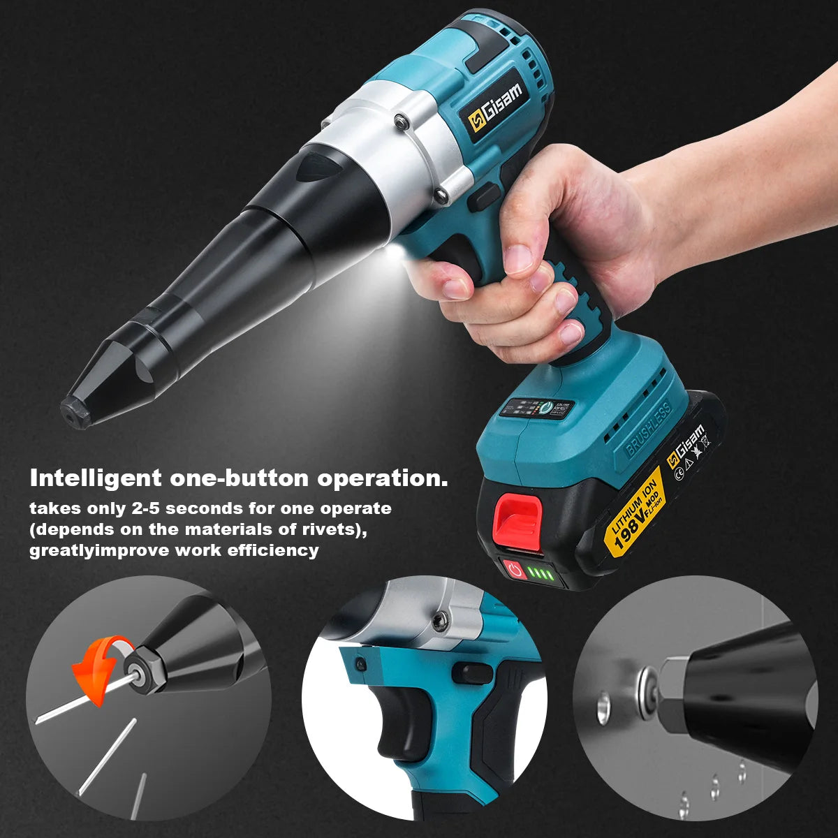 Gisam Borstelloos Elektrisch Klinkpistool 20000N Accu Klinknagelmoerpistool 2.4~4.8mm Boor-inzetstuk Elektrisch Gereedschap voor Makita 18V Accu Pins