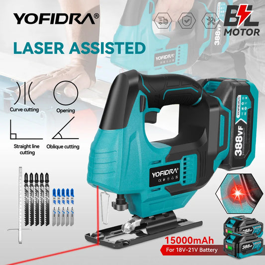 YOFIDRA Brushless Red Line Laser Jig Saw Multi-Function Electric Curve Saw Pipes Wood Cutting Tool For Makita 18V Battery Pin