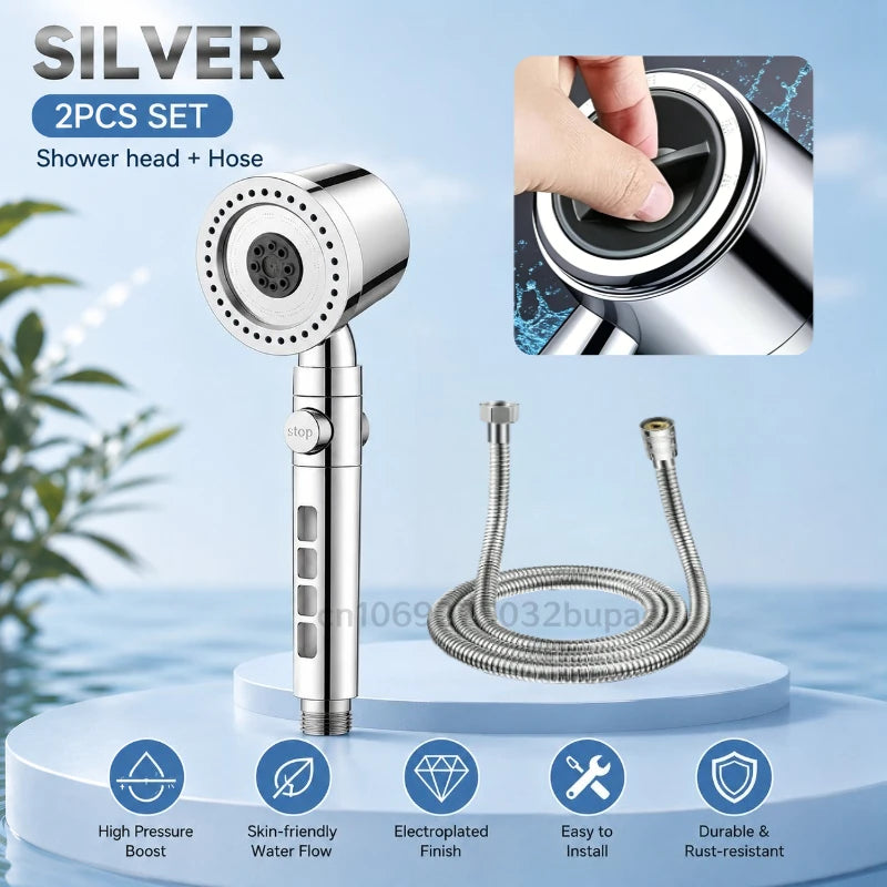 Shower Head Filter One-click Stop Metal Appearance-easy To Clean Fine Spray on The Outer Ring Strong Water Column in The Center