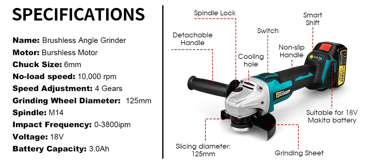 125mm M14 Brushless Angle Grinder Cordless Electric Angle Grinder Power Tool for Makita 18V Battery