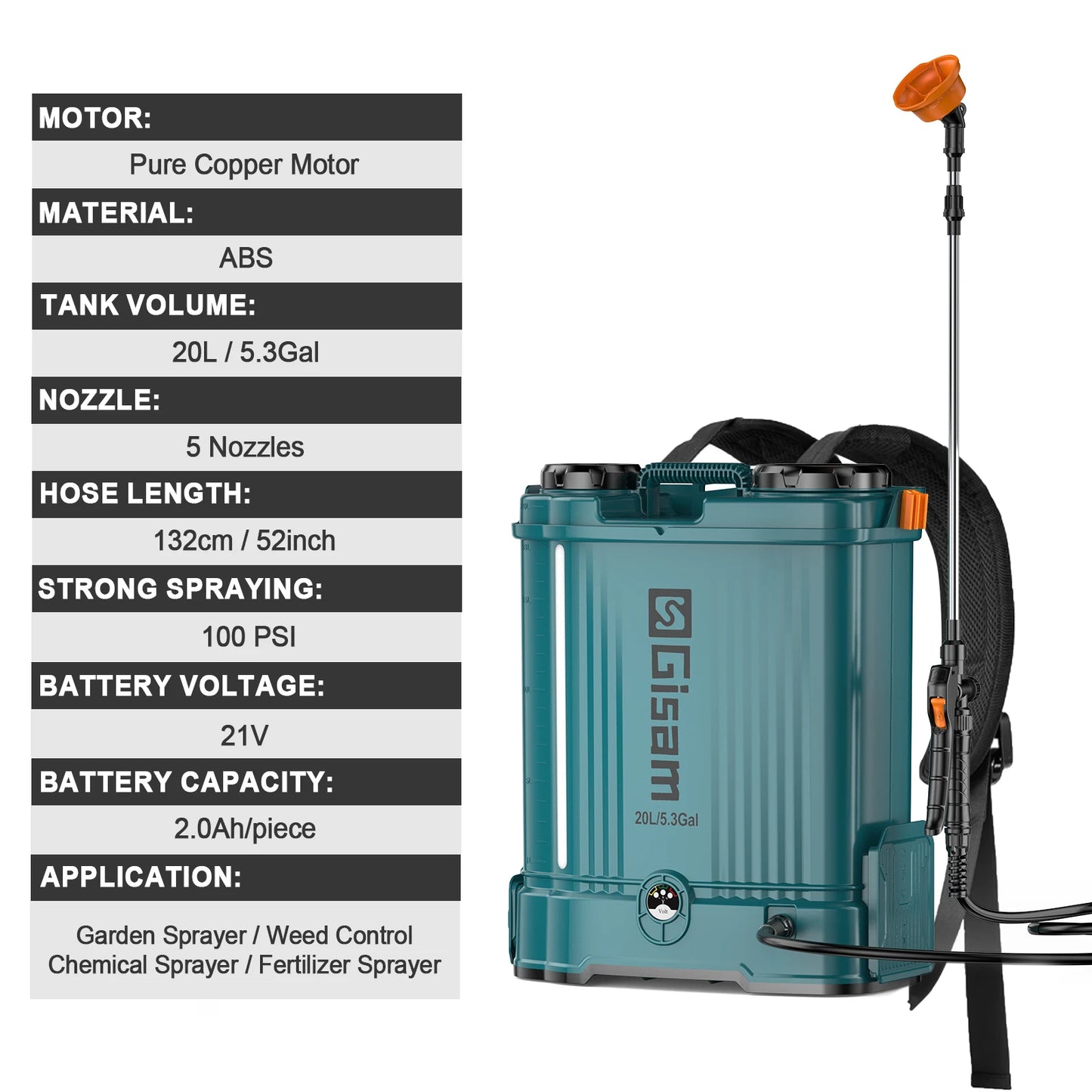 Gisam Electric Lithium Sprayer 100PIS 20L High Capacity Yard Lawn Spraying Irrigation Power Tools For Makita 18V Battery Pin