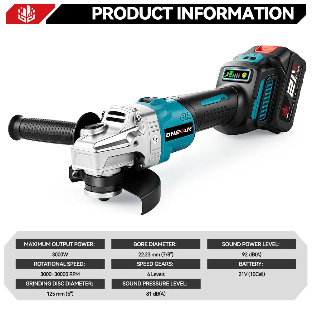 ONEVAN 6Gears Brushless Electric Angle Grinder 125MM Rechargeable Angle Grinder Polishing Power Tools For Makita 18V Battery Pin