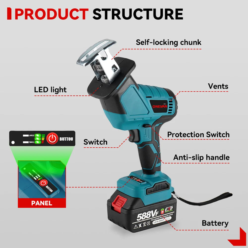 ONEVAN 3600W Borstelloze Elektrische Reciprozaag Accukettingzaag Variabele Metaal Hout Snijgereedschap voor Makita 18V Accu Pin