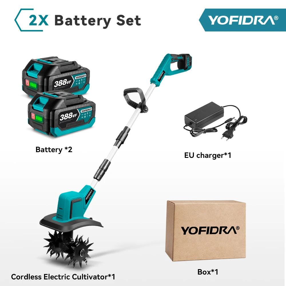 YOFIDRA Garden Electric Tiller Cultivator Portable Cordless Lawn Mower Grass Trimmer Soil Turning Power Tool for Makita 18-21V Battery Pin