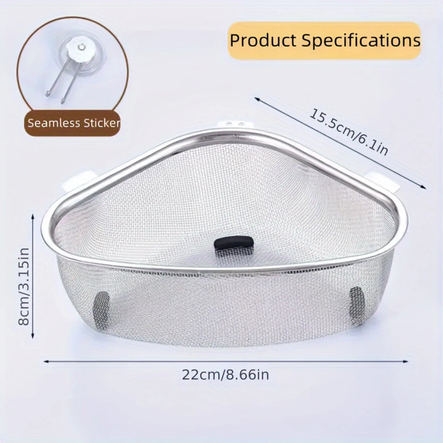 1pc, Stainless Steel Sink Drain Basket, Triangle Strainer With Suction Cups For Kitchen, Kitchen Food Waste Leftovers Food Catch