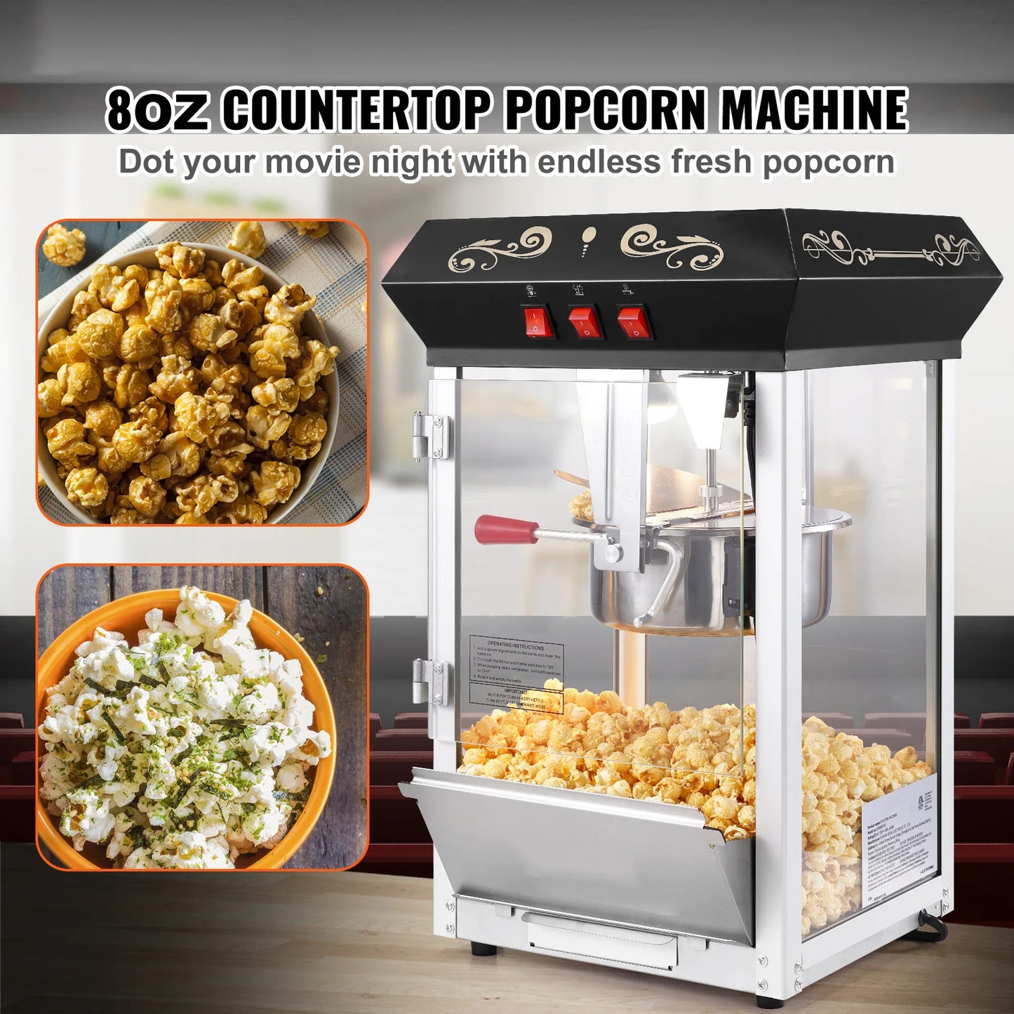 SucceBuy Popcorn Maker 850W Popcorn Popper Machine 8 Oz Kettle Makes 48 Cups per Batch Countertop Popcorn Maker for Commercial