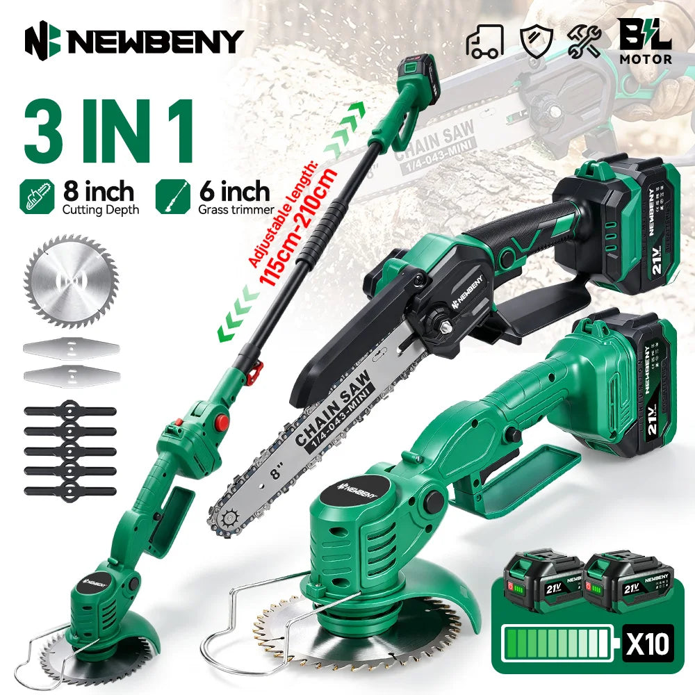 NEWBENY Ensemble d'outils de jardinage 3-en-1 : tondeuse à gazon sans fil, tronçonneuse électrique et coupe-bordures télescopique pour batterie Makita 21V