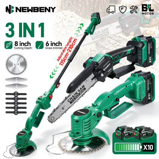 NEWBENY 3IN1 Brushless Handheld Lawn Mower & Electric Chainsaw Telescoping Pole Grass Cutter Trimmer Garden Power Tool Set for Makita 21V Battery Pin