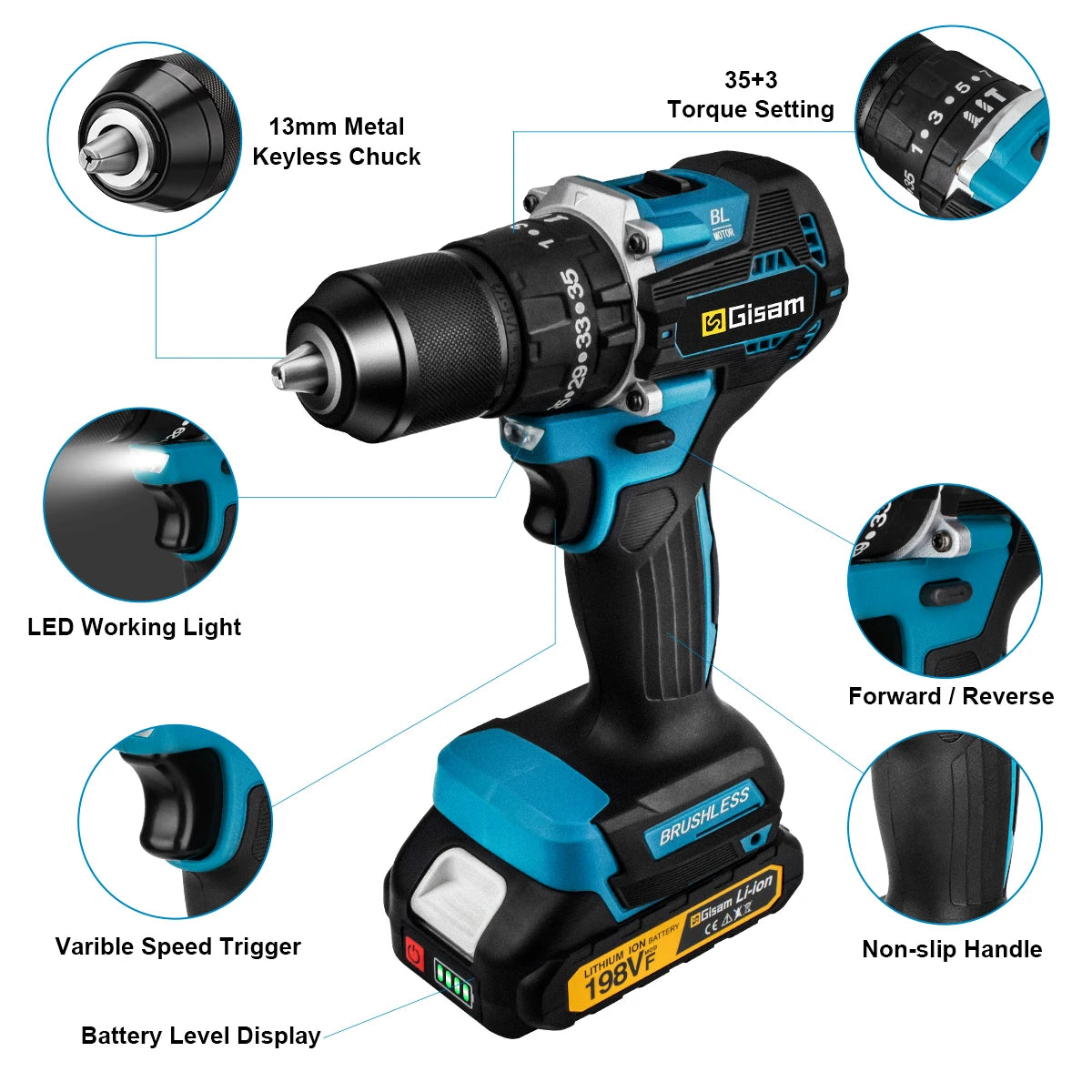 Perceuse visseuse à percussion sans balais GIsam 13 mm, deux vitesses, couple 35+3, outil électrique sans fil pour batteries Makita 18V