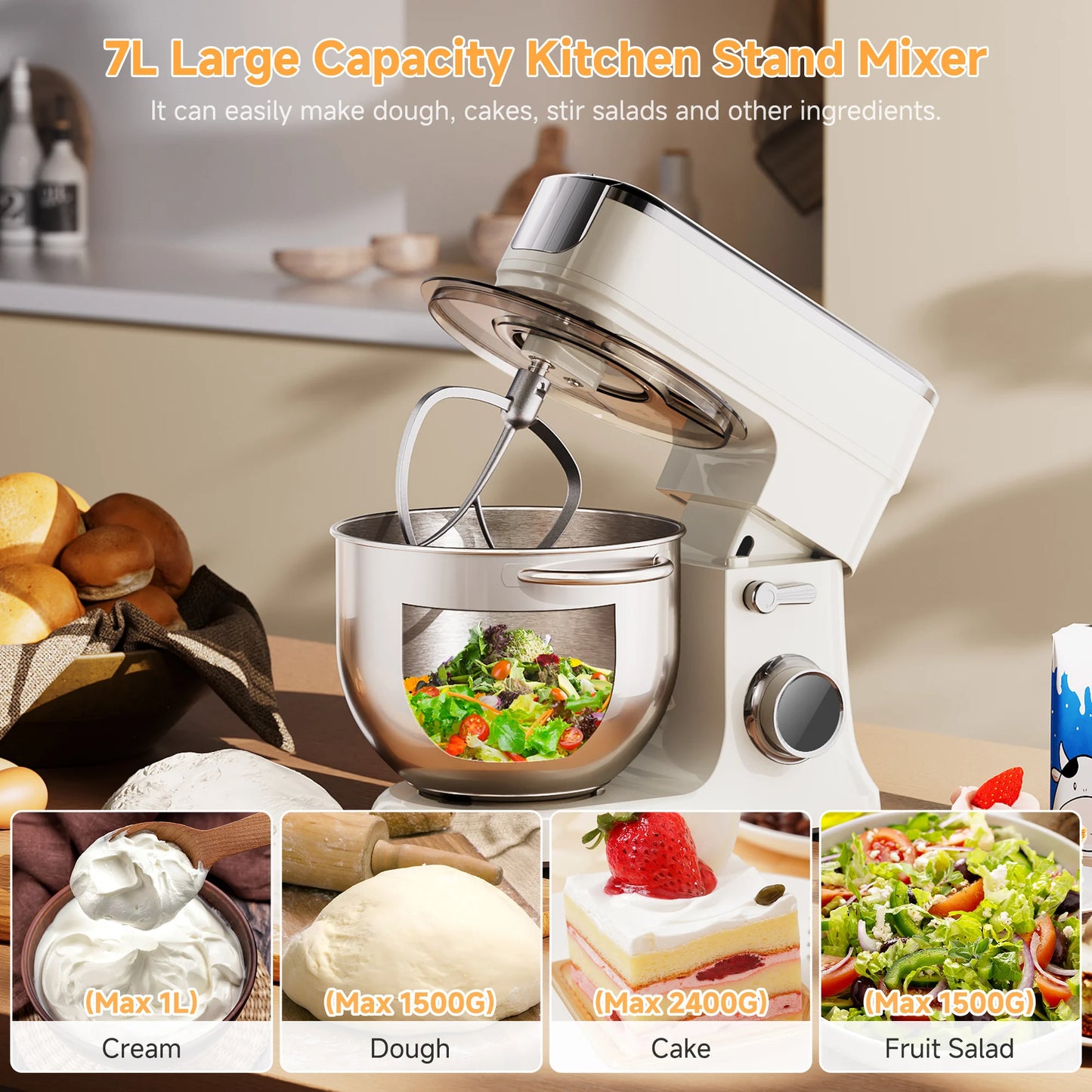 BioloMix 7L Food Mixers for Baking, 1200W DC Motor Stand Mixer, with Dough Hook, Whisk & Beater, Meat Grinder Attachment