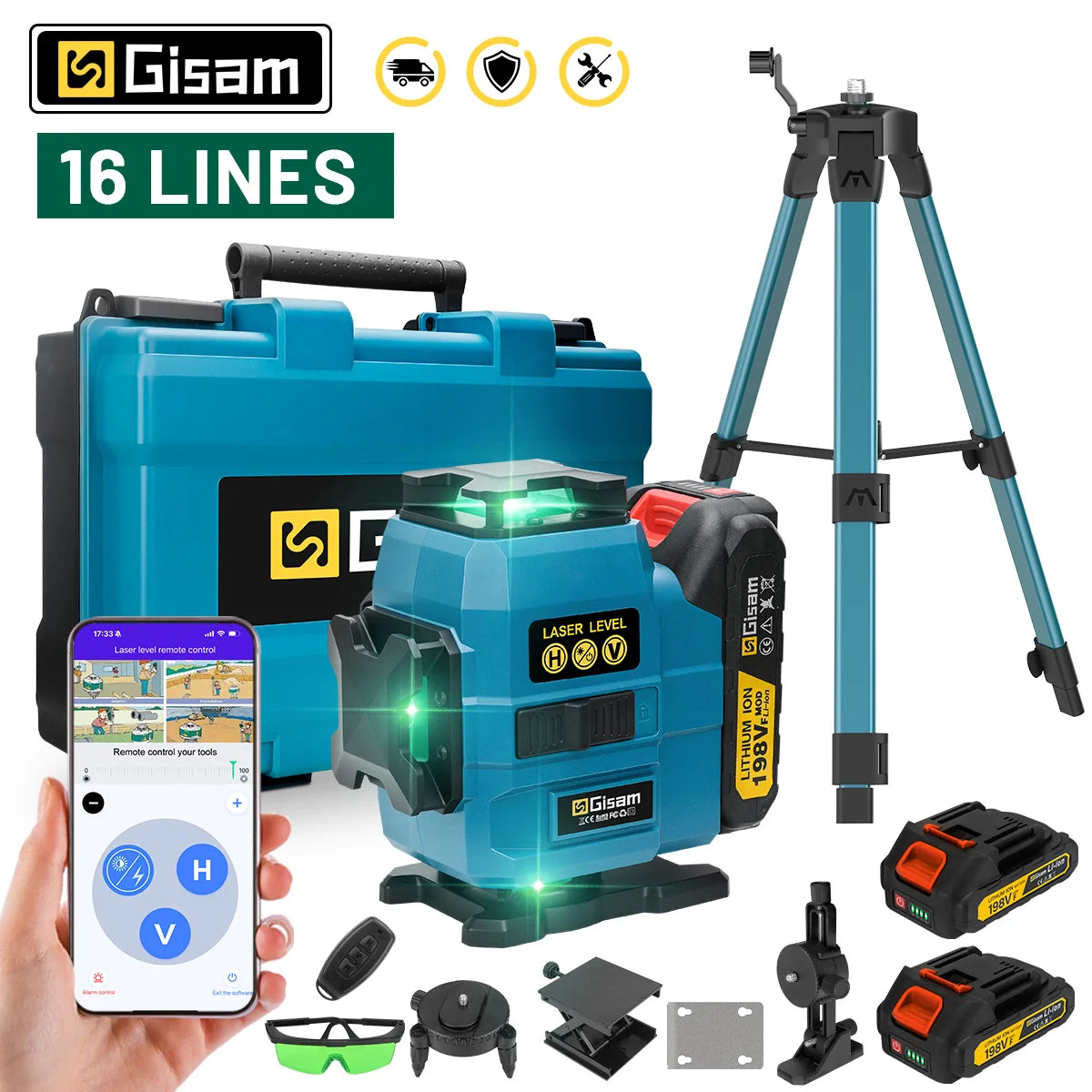 Gisam 16 Lines 4D Laser Level 360 Vertical & Horizontal Lasers Professional Super Power Green Beam For Makita 18V Battery Pins