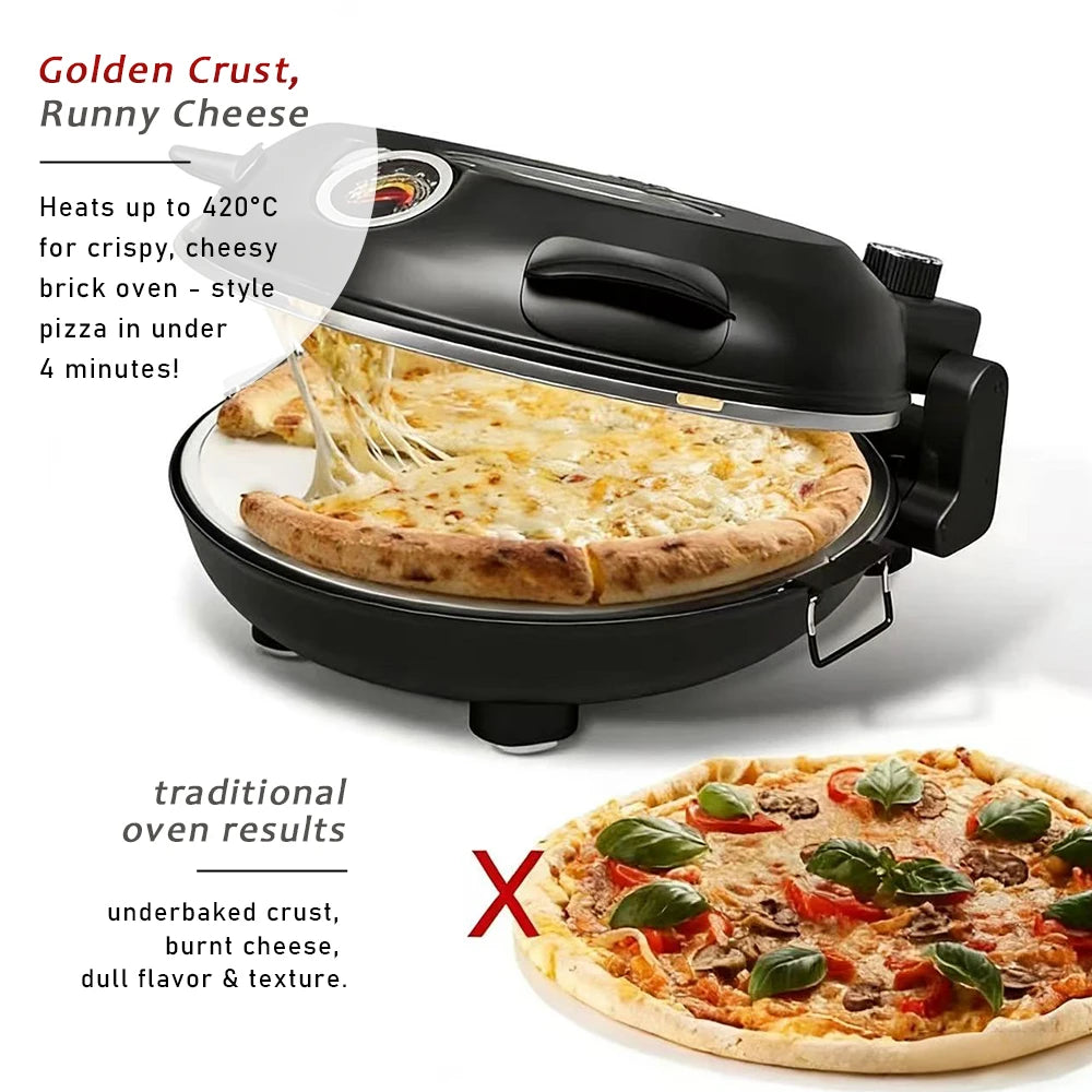 12 Inch Electric Pizza Oven Indoor 1200 Watt Glazed Ceramic Stone Cooker Two-button Precise Temperature Control Heats up 420℃
