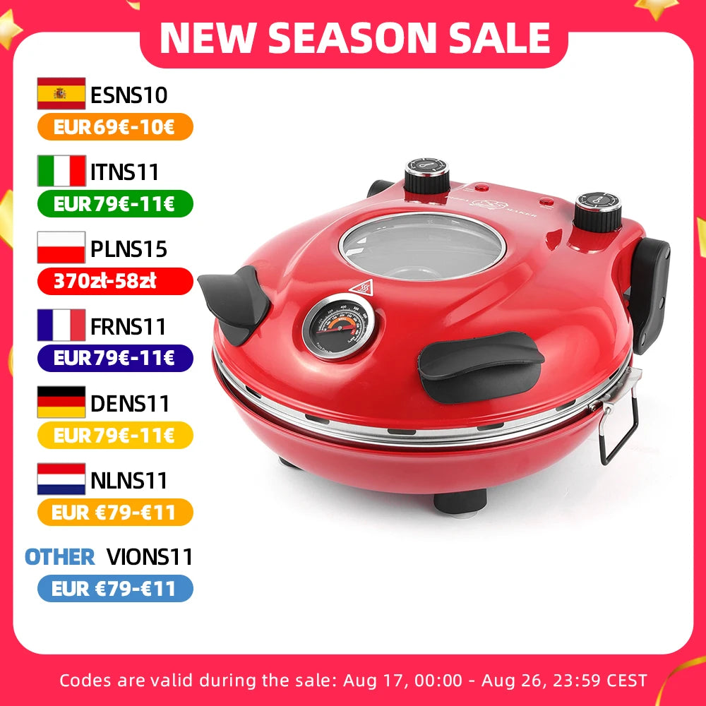 Klaif 12’’ Electric Pizza Oven Indoor Double-sided Heated Fry Countertop Oven Pizza Maker 1200W 5-Min Crisp Dual Knob Control