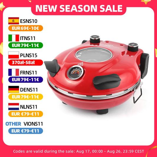 Klaif 12’’ Electric Pizza Oven Indoor Double-sided Heated Fry Countertop Oven Pizza Maker 1200W 5-Min Crisp Dual Knob Control