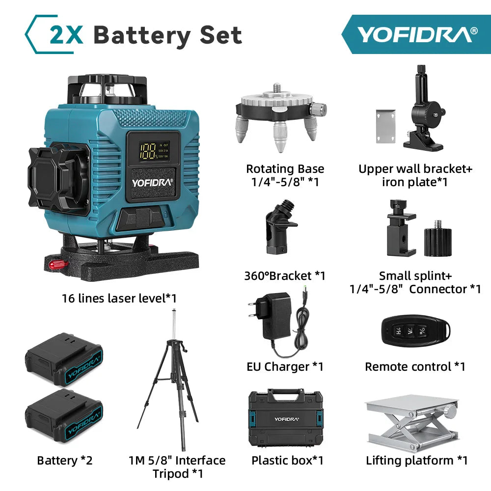 YOFIDRA 16 Lijnen 4D Laserwaterpas met 1M Statief Zelfnivellerend 360° Horizontaal Verticaal Nivelleergereedschap Kruislijnlaser Meetapparaat
