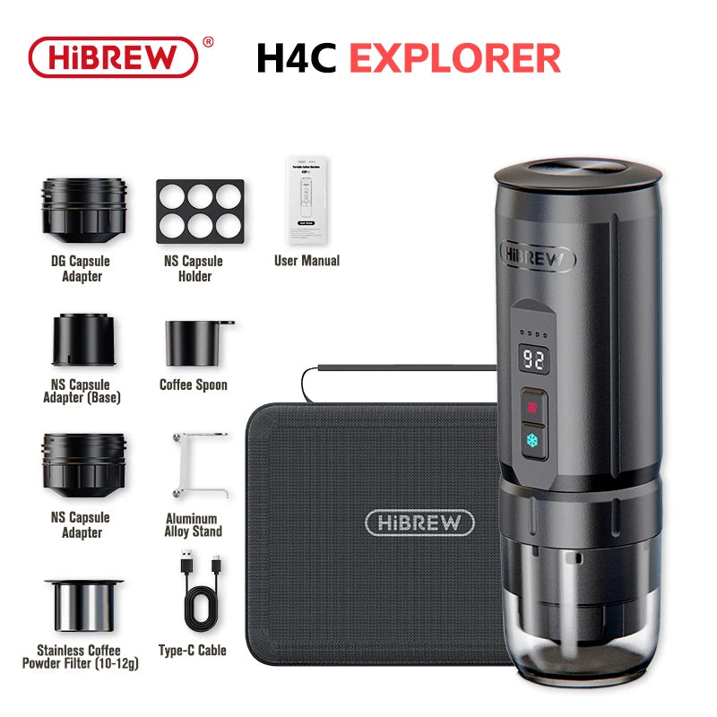 HiBREW H4C Draagbare Espressomachine 3-in-1 Koffiezetapparaat voor op reis, 7500mAh Lithium-accu, zelfverwarmend, geschikt voor NS/DG-capsules & gemalen koffie