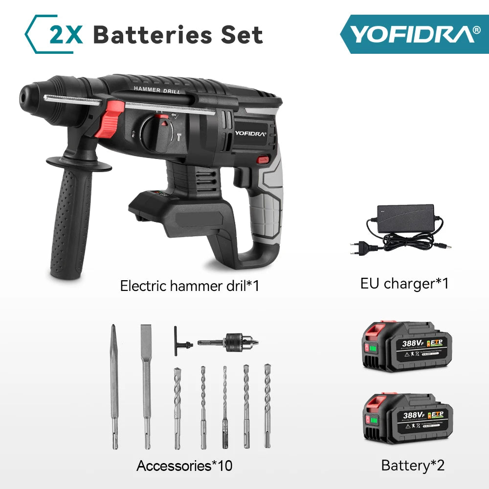 YOFIDRA 1680W Brushless Electric Hammer Cordless Multi-function Drilling Impact Drill Rotary Power Tool For 21V  18V Battery