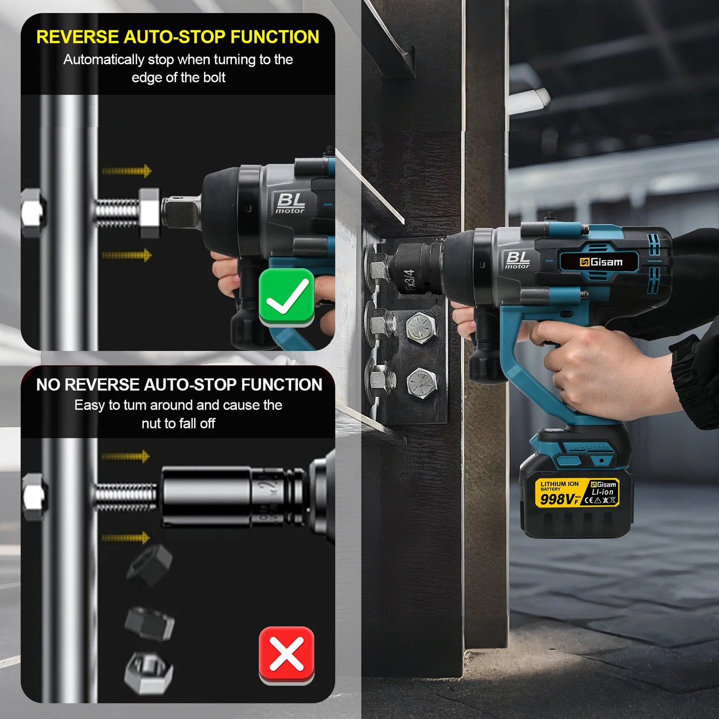 Gisam 4500N.M Brushless Electric Wrench 1 inch Impact Wrench Cordless High Torque Heavy-duty Tire Repair Wrench Screwdriver Drill Power Tool For Makita 18V Battery Pin