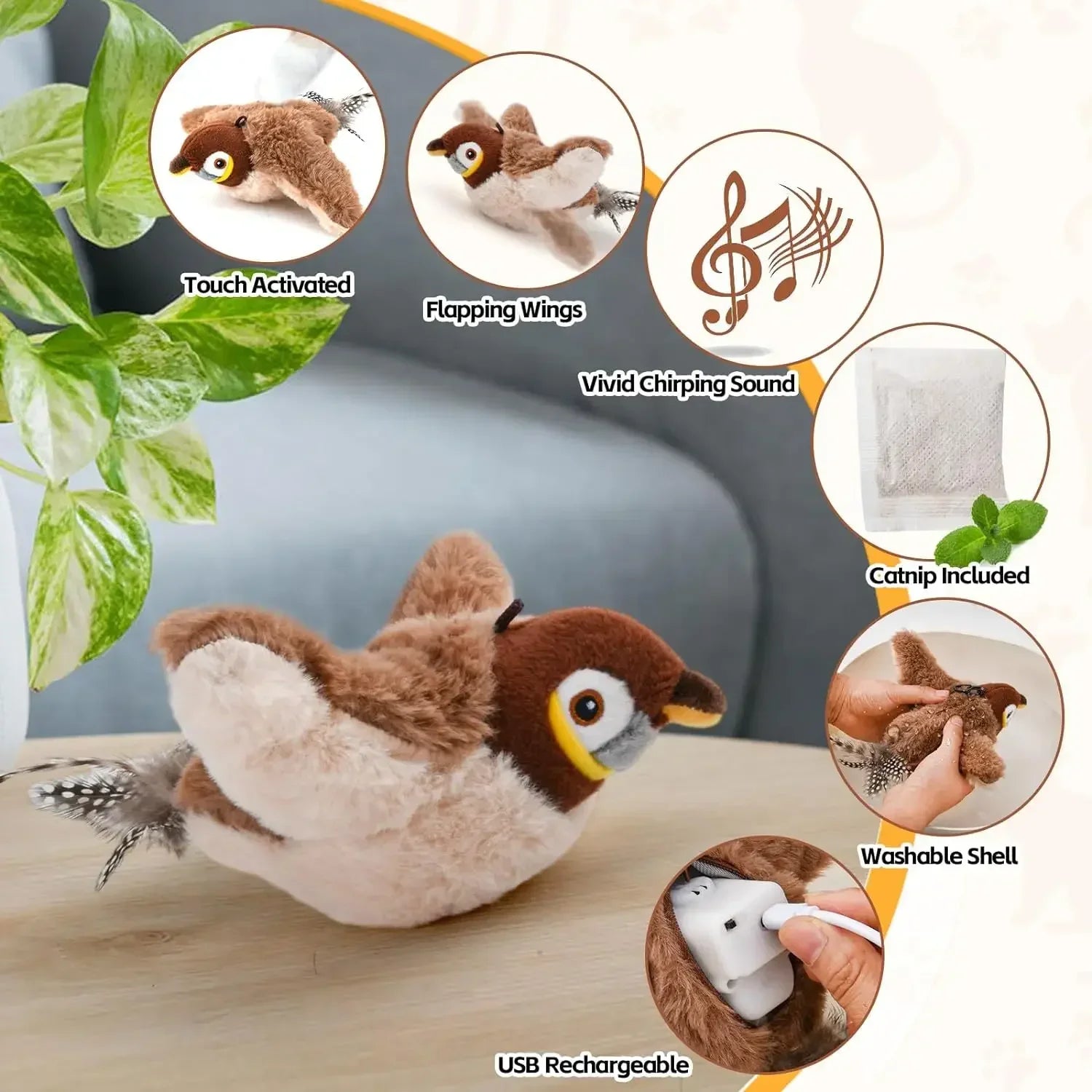 Interactive plush bird cat toy with flapping wings, chirping sound, catnip, and USB rechargeable washable shell.