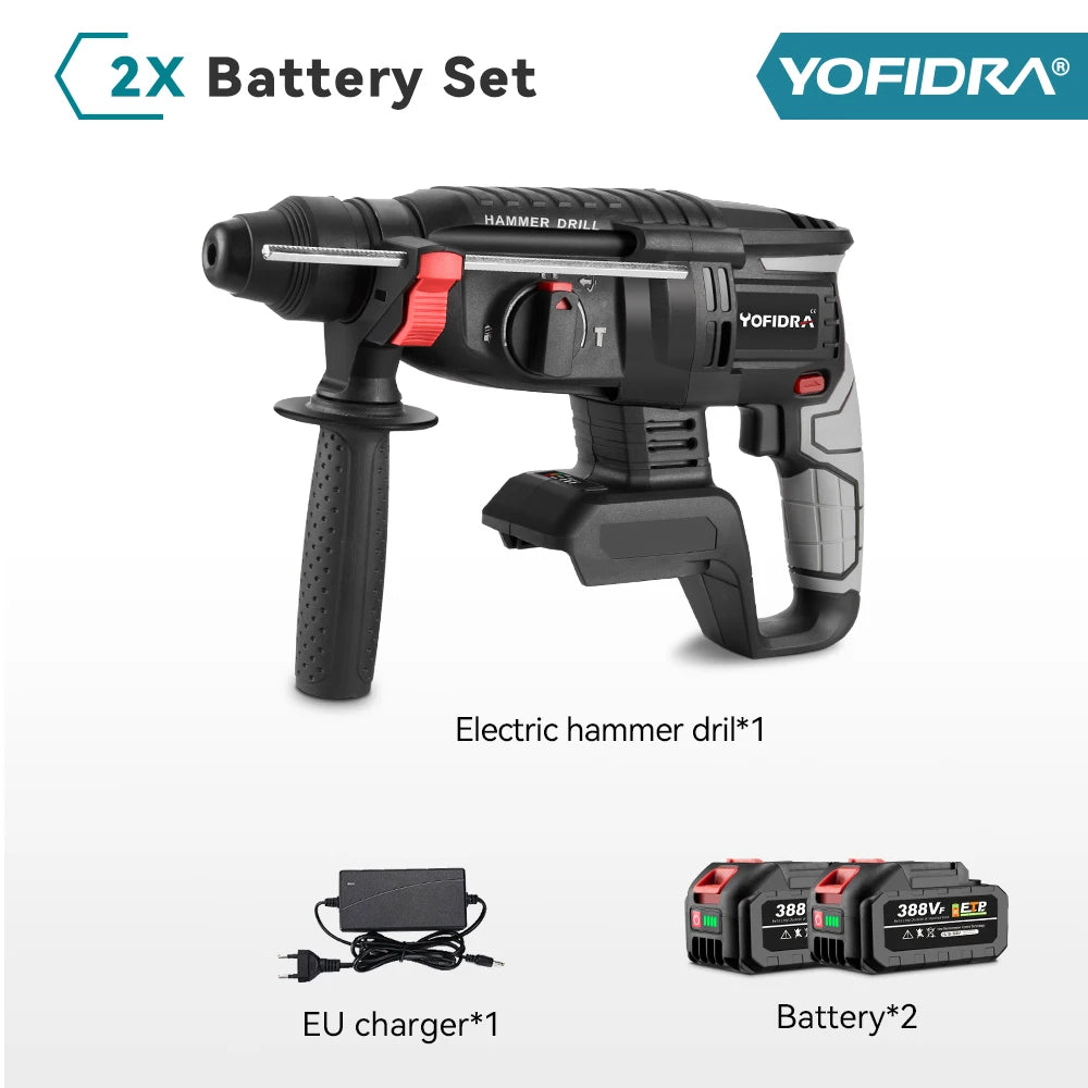 YOFIDRA 1680W Brushless Electric Hammer Cordless Multi-function Drilling Impact Drill Rotary Power Tool For 21V  18V Battery