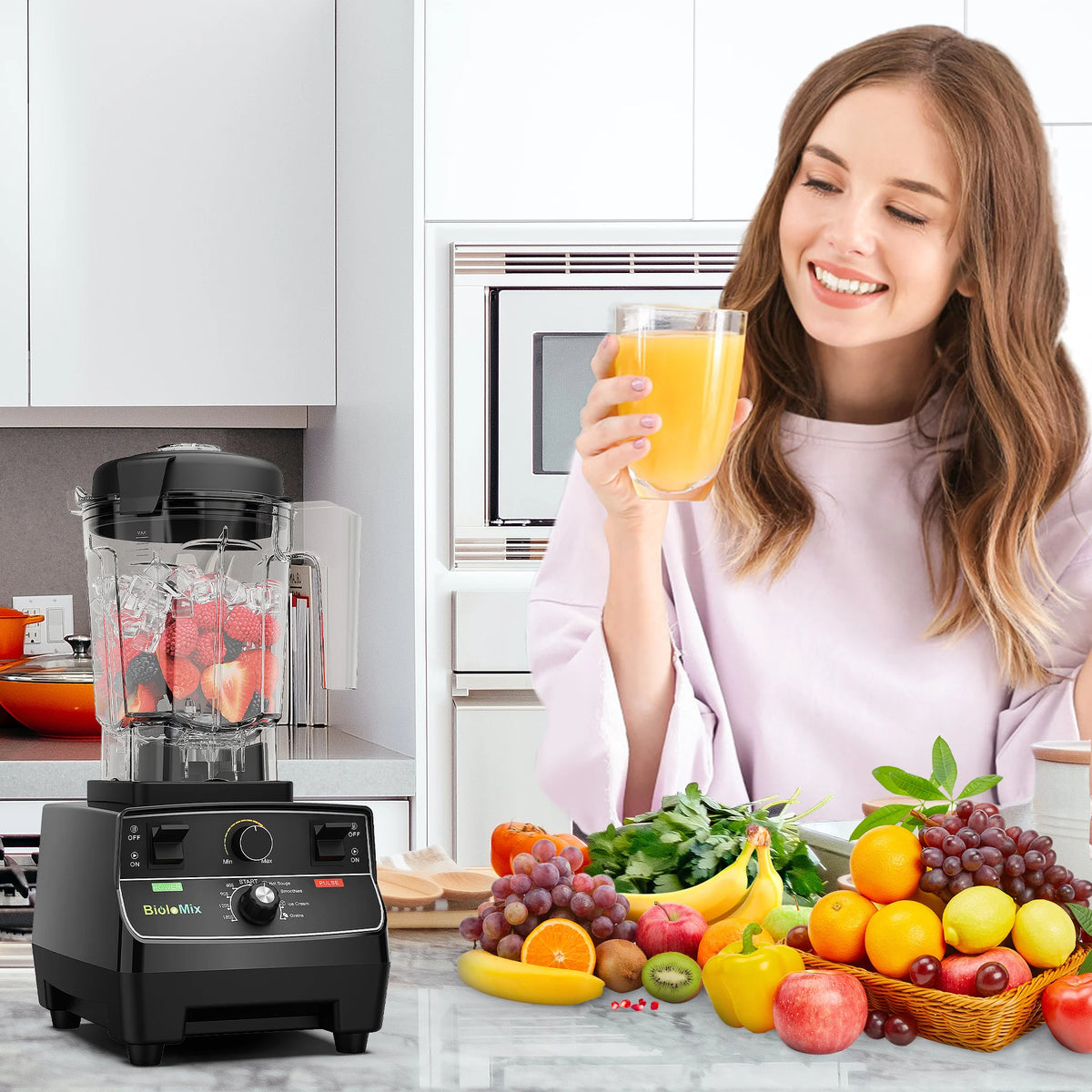 Mixeur haute puissance intelligent BioloMix 2200 W avec modes préprogrammés, bol rond de 2 L, idéal pour les smoothies, piler la glace et la préparation culinaire