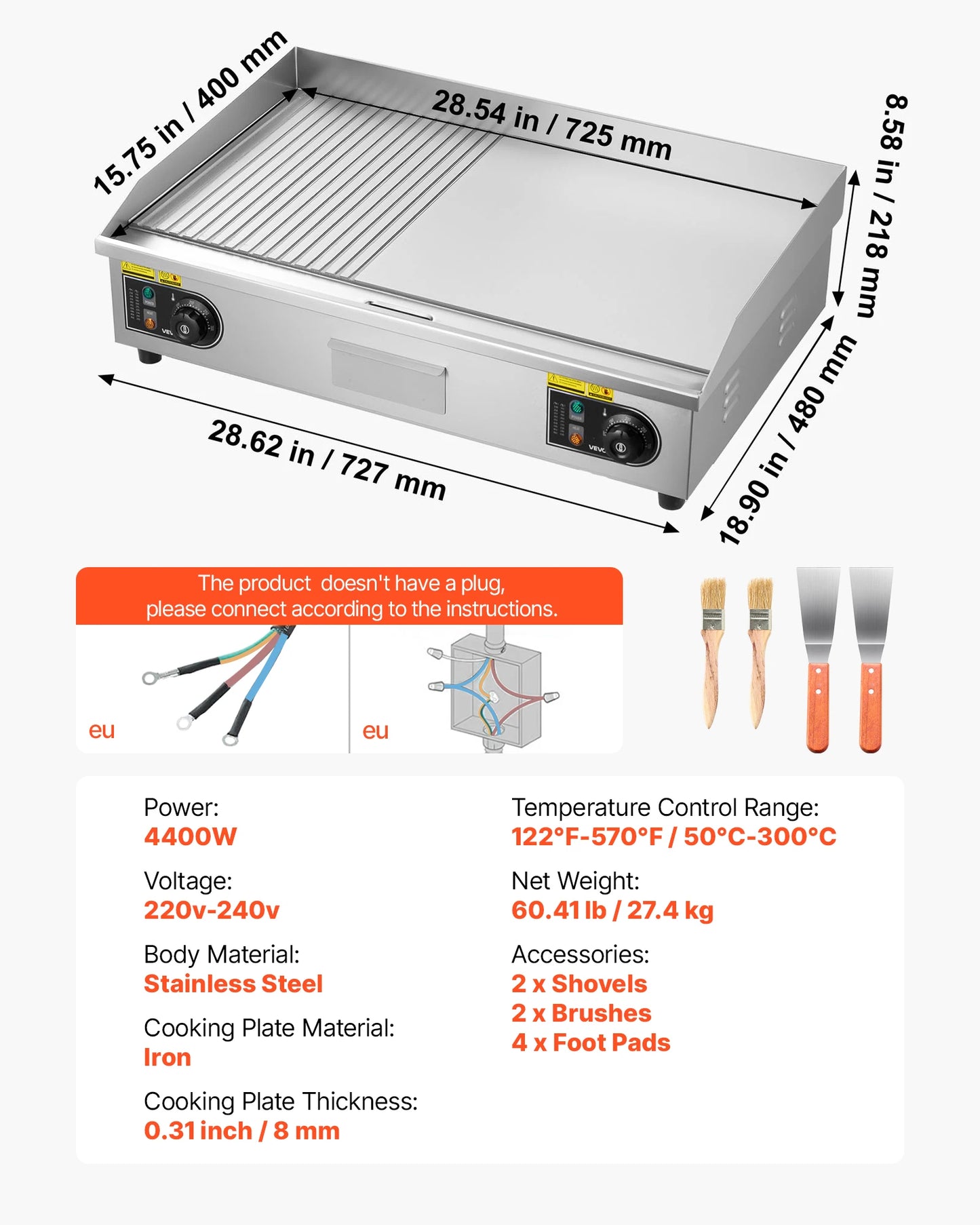 SucceBuy Commercial Electric Griddle 50-300°C Adjustable Temp Control, Stainless Steel Countertop Flat Top Grill for Steak Panc