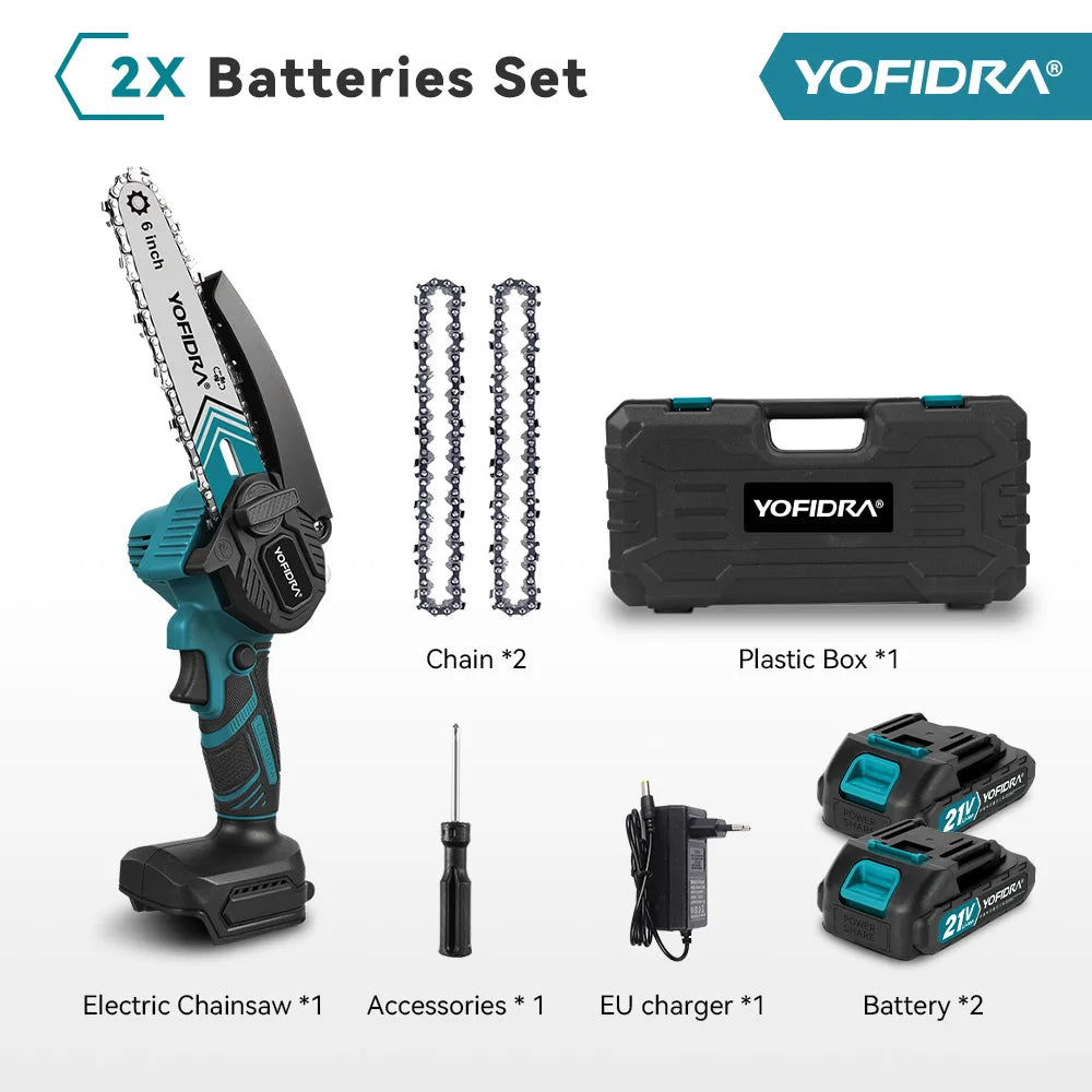 Tronçonneuse électrique portable YOFIDRA 30000 tr/min de 6 pouces, outil de coupe pour jardin et travail du bois, compatible avec batterie Makita 21V