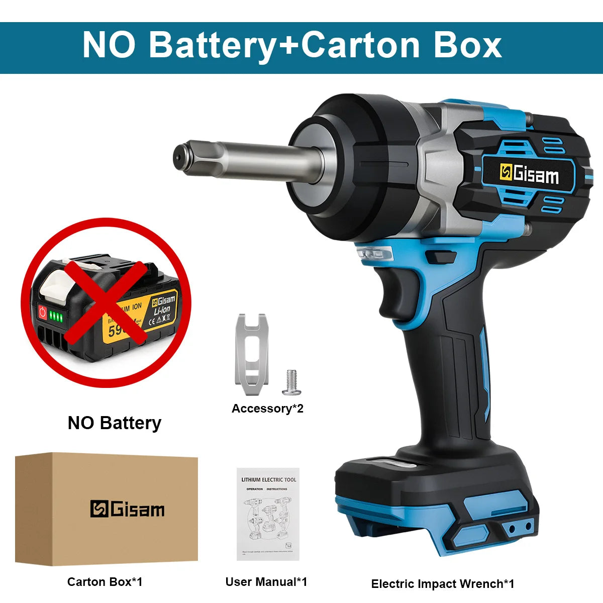 Gisam 2800N.M Brushless Electric Extended Anvil Impact Wrench 1/2'' Cordless Torque Wrench Tool For makita 18v battery pins