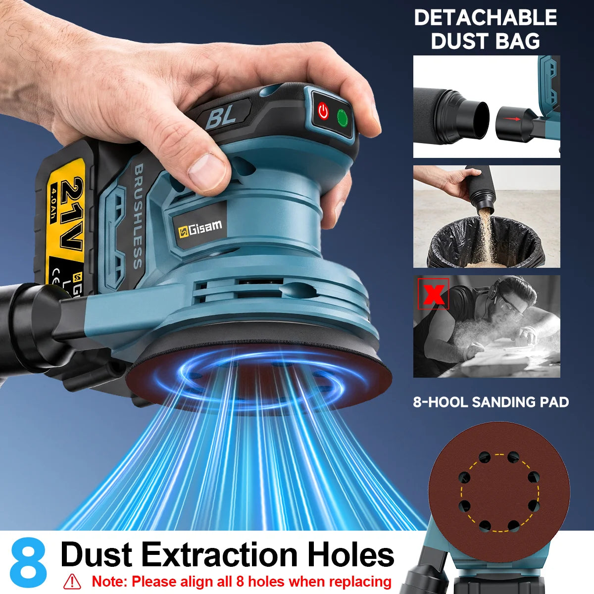 Gisam Brushless 3Gear Electric Orbital Sander 125MM Cordless Grinding Sanding Polishing Machine Dust Collection Woodworking Power Tool For Makita 18V Battery Pin