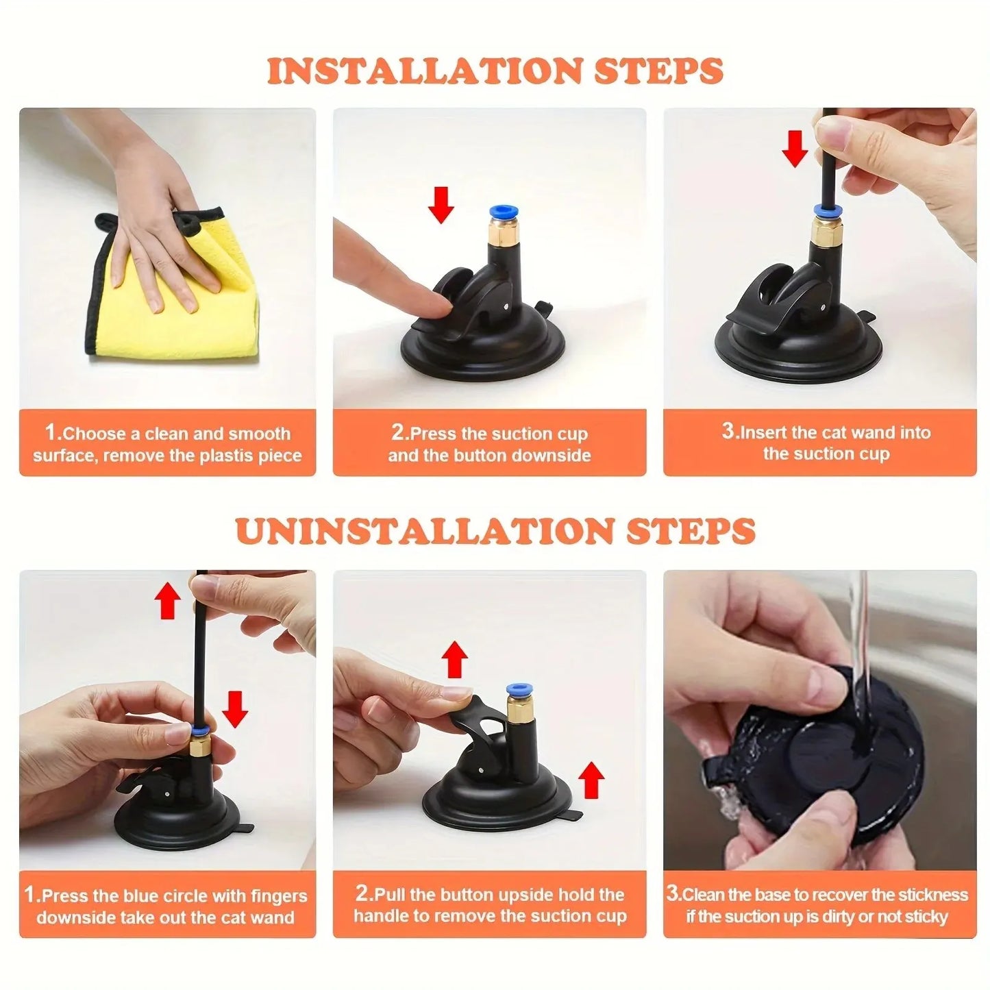 Instructions for installing and uninstalling a suction cup toy holder.
