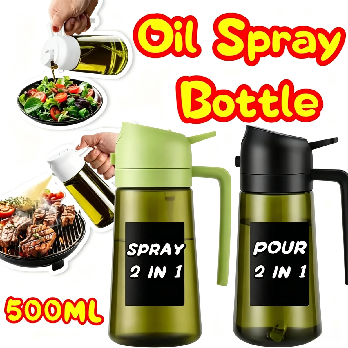 Oil Sprayer for Cooking Oil Spray Bottle 2-in-1 Olive Oil Dispenser Sprayer Kitchen Items and Accessories Camping Tool Spice Jar
