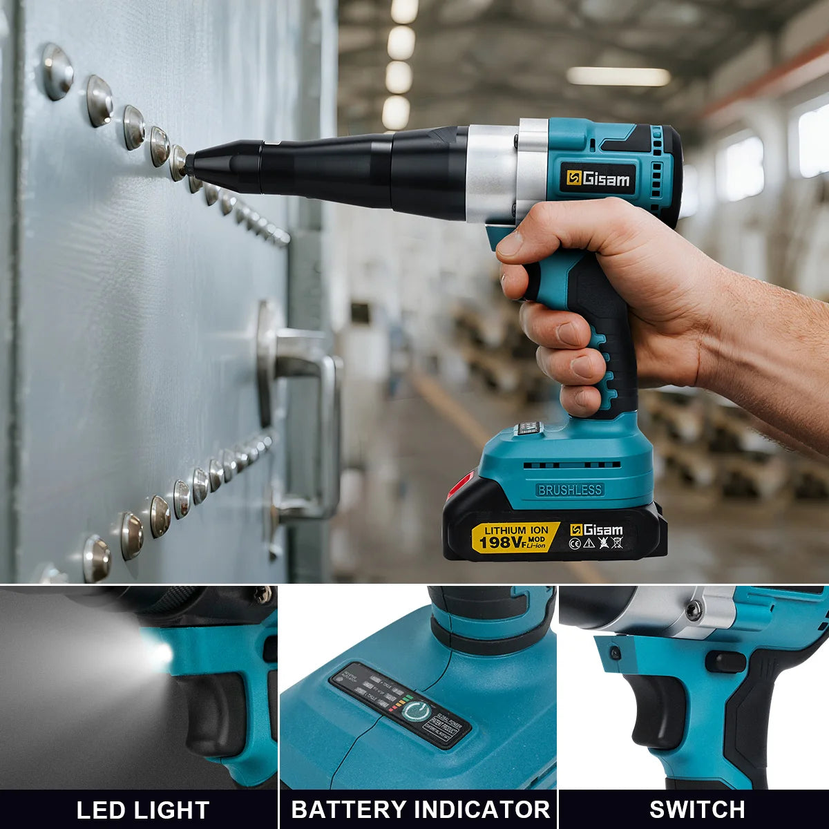 Gisam Borstelloos Elektrisch Klinkpistool 20000N Accu Klinknagelmoerpistool 2.4~4.8mm Boor-inzetstuk Elektrisch Gereedschap voor Makita 18V Accu Pins