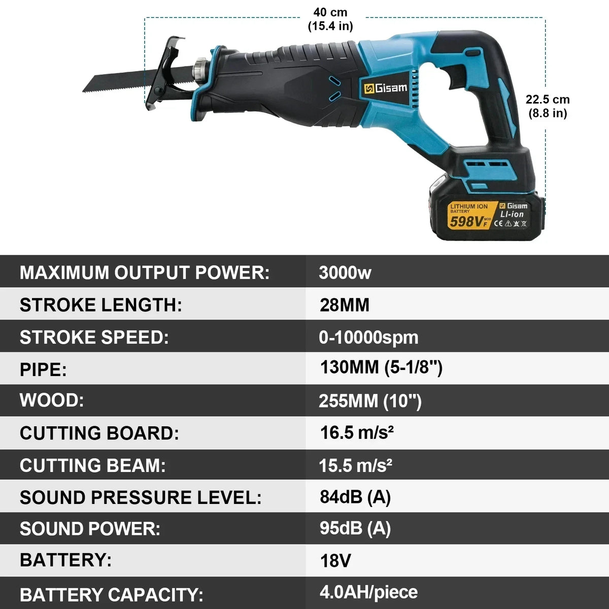 Gisam 10000SPM Elektrische Reciprozaag multifunctionele accuzaag voor het zagen van metaal, hout en buizen, geschikt voor Makita 18V-accu