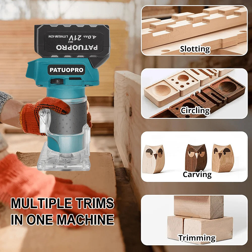 Affleureuse électrique sans balais, 5 vitesses avec 3 pinces de serrage, défonceuse à bois sans fil pour gravure et rainurage, compatible batterie Makita 18V
