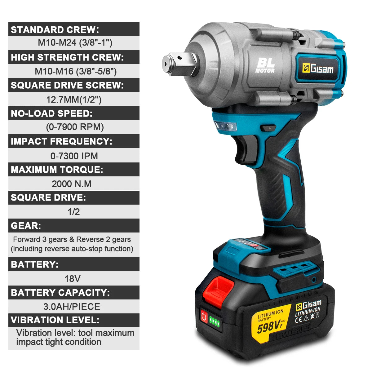 Gisam 2000N.m Brushless Impact Wrench 1/2" Repair Cordless Screwdriver 5Gear Hexs Socket Adapter Kit for Makita 18V Battery Pins