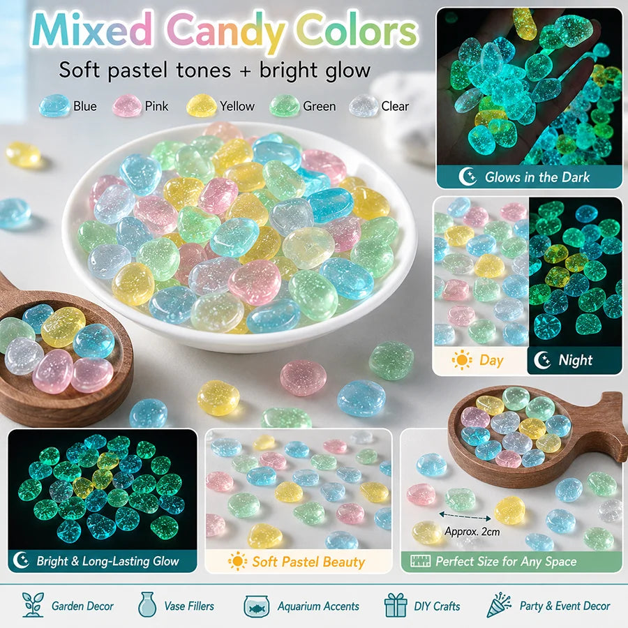 100pcs Luminous Stones in The Dark Pebbles Stones for Fish Tank Aquarium Aquatic Landscape Home Decor 2cm
