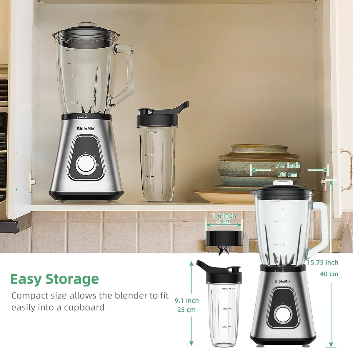 BioloMix professionele 1300W blender met 1,5L BPA-vrije glazen kan, perfect voor bevroren smoothies en zelfgemaakte sauzen