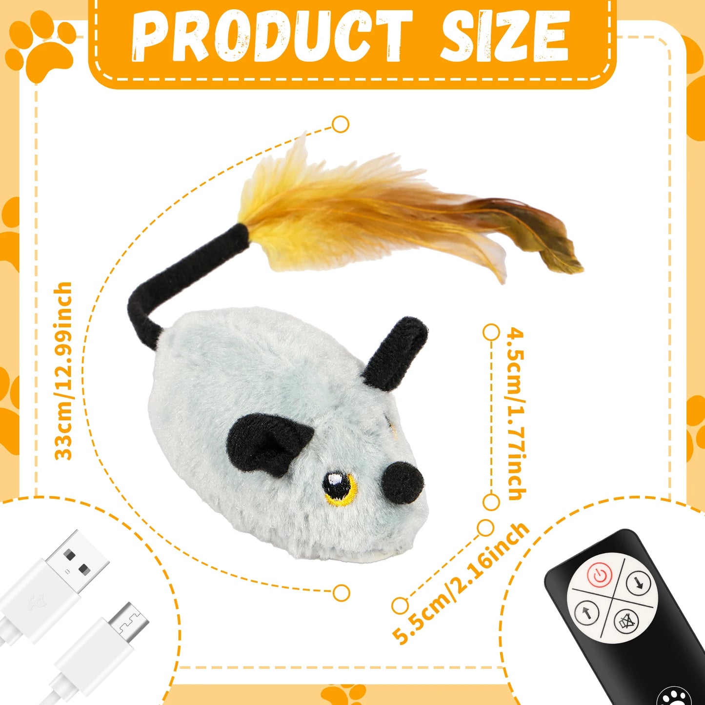Remote-controlled plush mouse cat toy with a feathered tail.