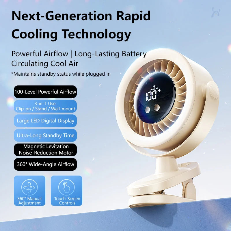 Ventilateur de bureau USB Lenovo Ice Cooling, à pince, rechargeable, portable, silencieux, pour bureau et dortoir, 100 vitesses, longue autonomie, veilleuse