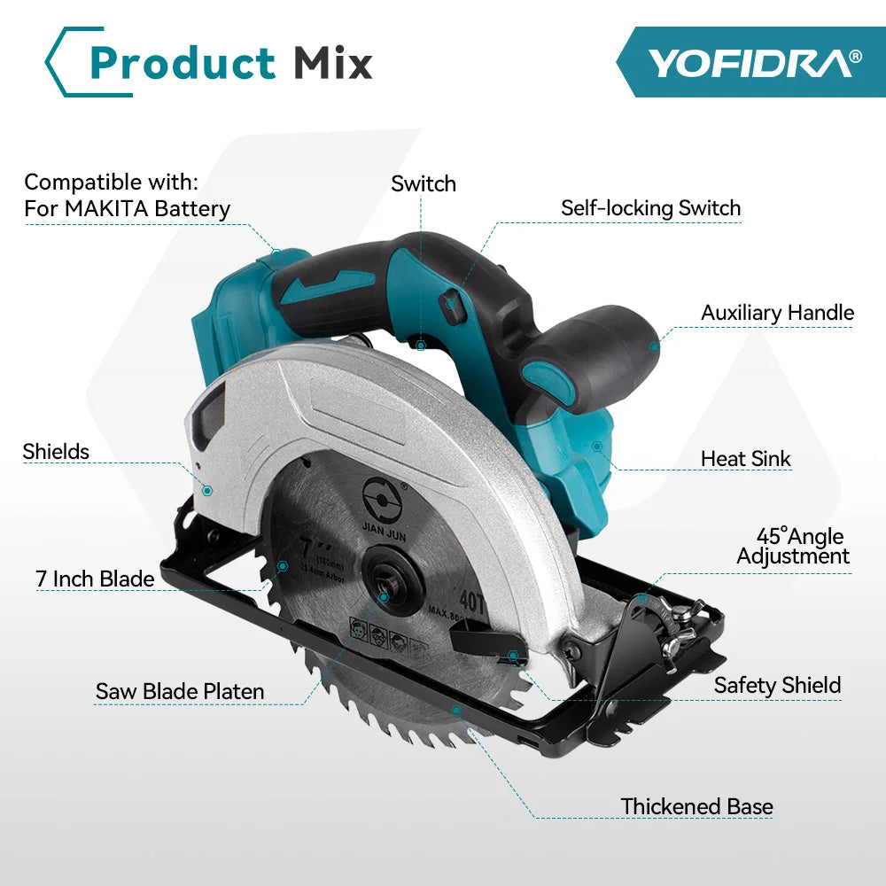YOFIDRA 185MM Brushless Electric Circular Saw Rechargeable Household Saw Multifunction Cutting Machine For Makita Battery Pin