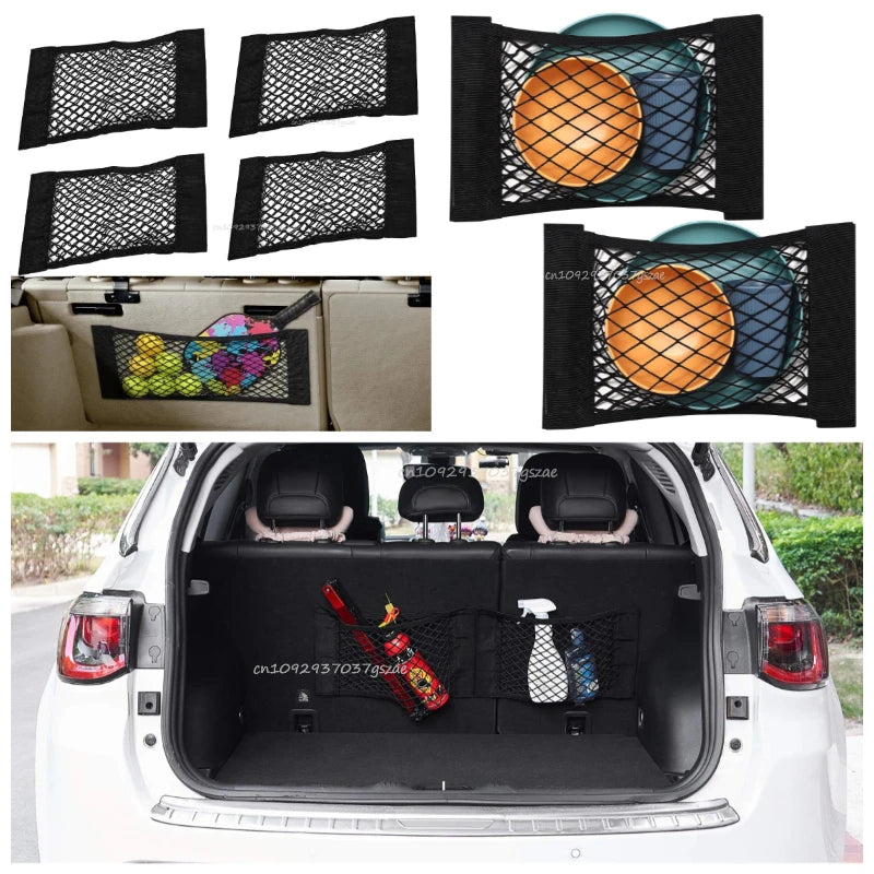 Universal Car Trunk Storage Net Stretchable Mesh Pocket Magic Sticker Elastic String for Rear Seat Back Organizer Stretchable