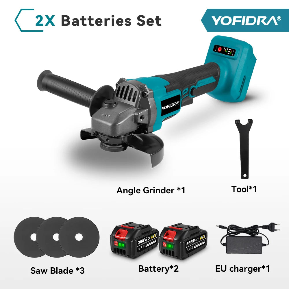 YOFIDRA 125mm Brushless Angle Grinder 12000RPM Cordless Cutting Polishing Power Tool With 3 Saw Blades For Makita Battery Pin