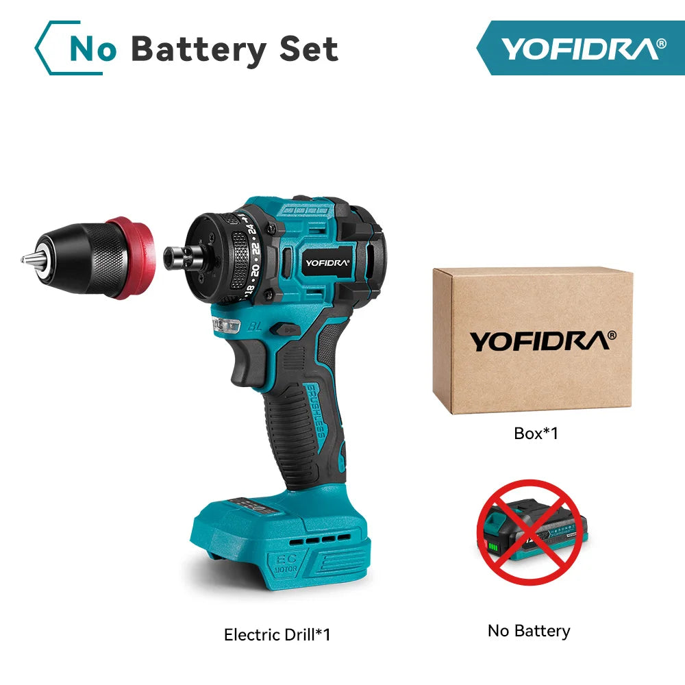 YOFIDRA Brushless Electric Drill Screwdriver 10MM Handheld Cordless Impact Drill Woodworking Power Tool For Makita 18V Battery