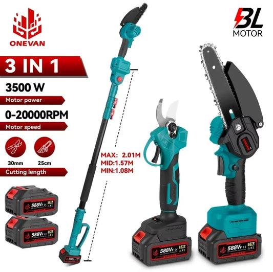 ONEVAN 4IN1 Brushless Telescoping Pole Electric Chainsaw 3500W High Branch Scissor Gardening Tool For Makita 18V Battery Pin