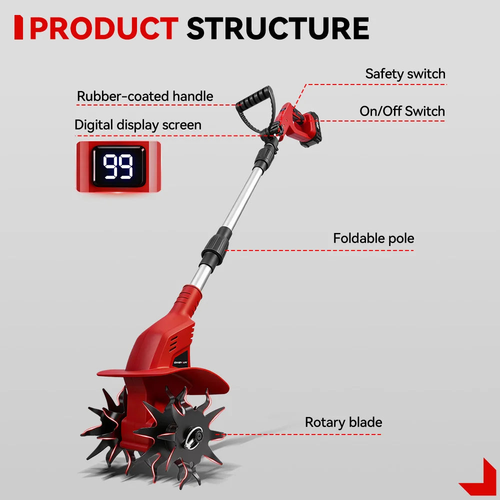 ONEVAN Borstelloze 1600W Elektrische Tuinfrees Cultivator Grastrimmer Grondbewerkingsmachine voor Makita Accu